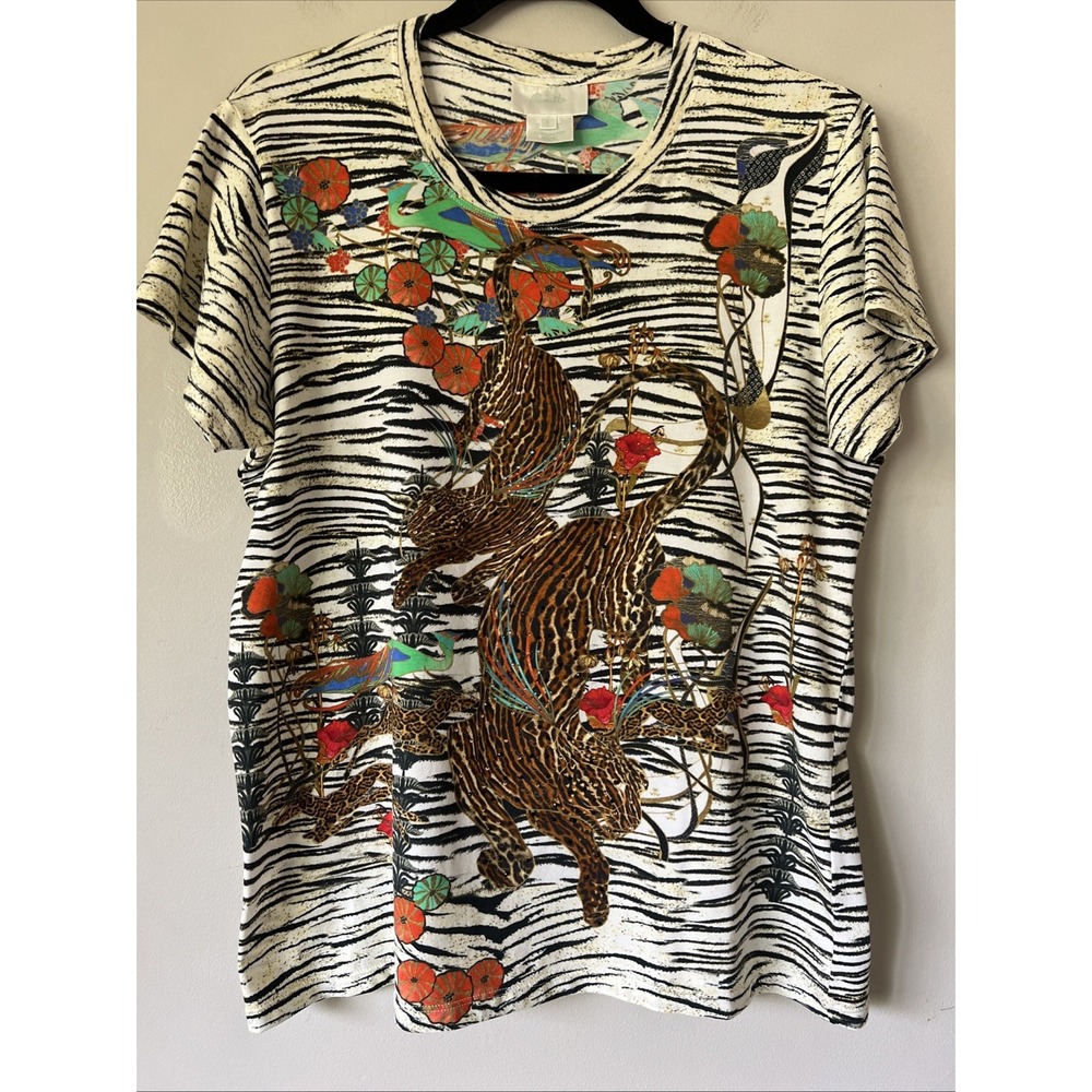 Camilla Leopard Beaded Sequined Short Sleeve Cotton T Shirt Top Size L EUC